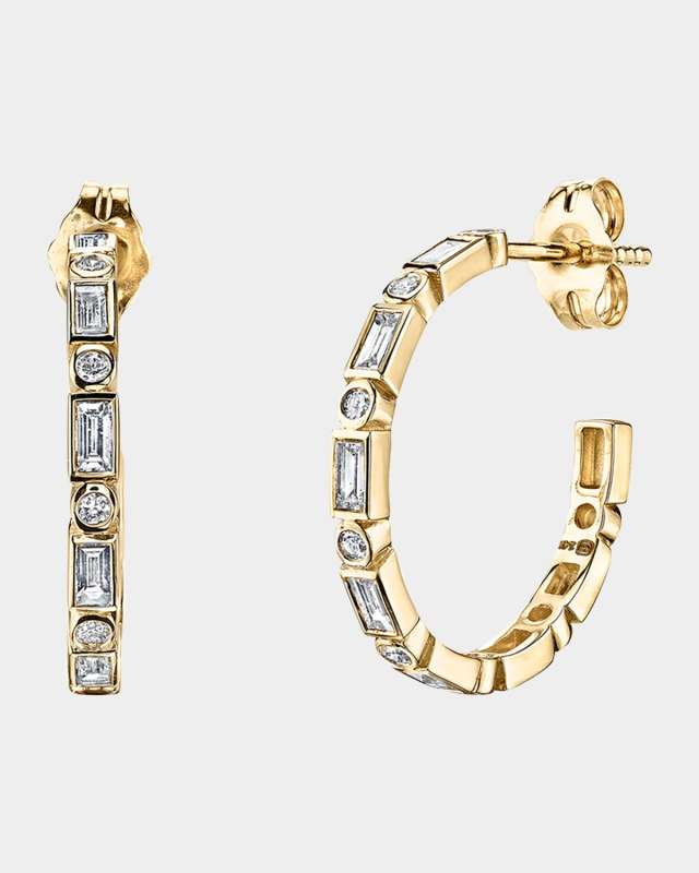14K Gold And Diamond Baguette And Round Bezel Medium Hoops